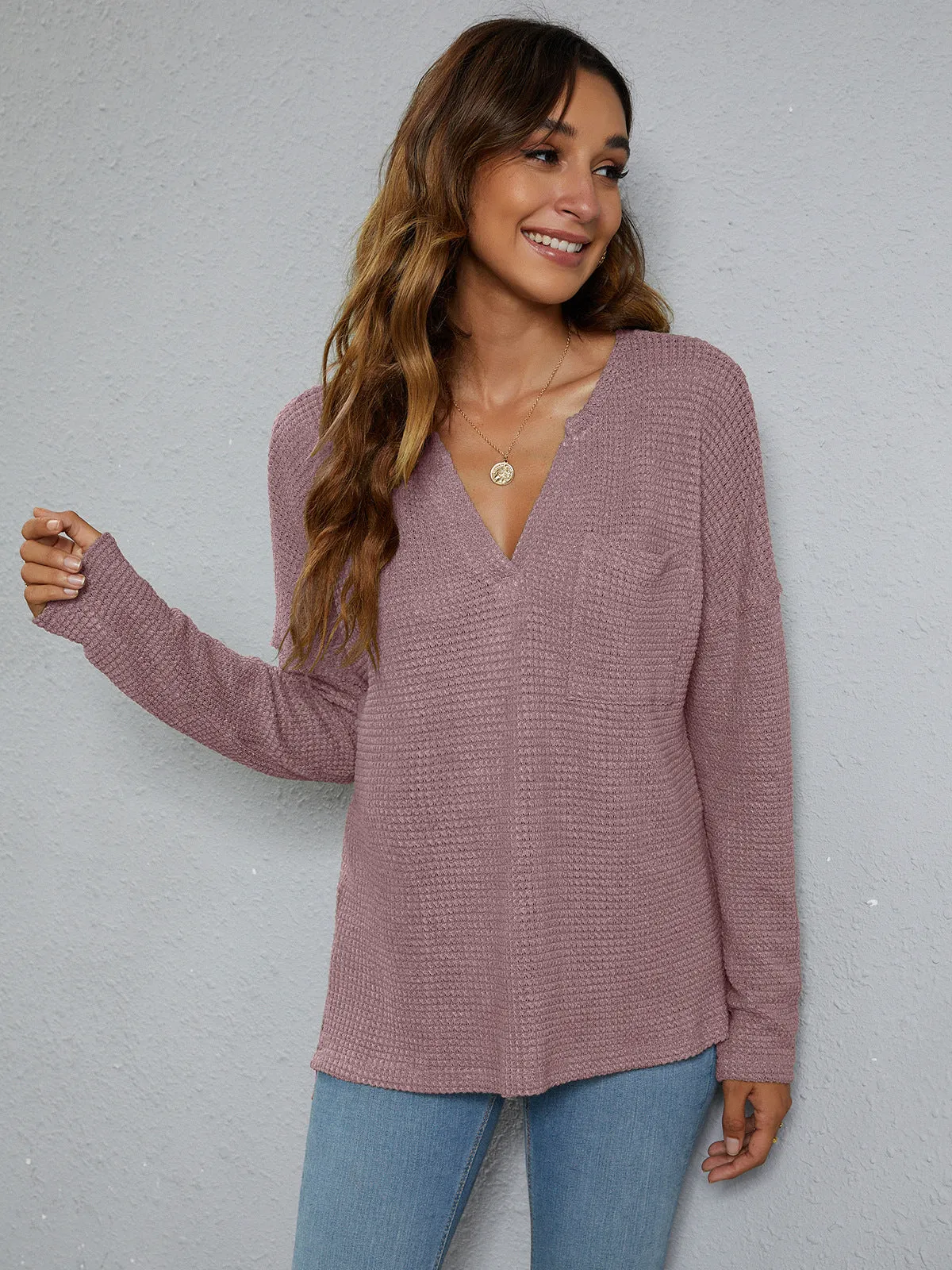 *APP EXCLUSIVE* Dropped Shoulder High-Low Waffle-Knit Top