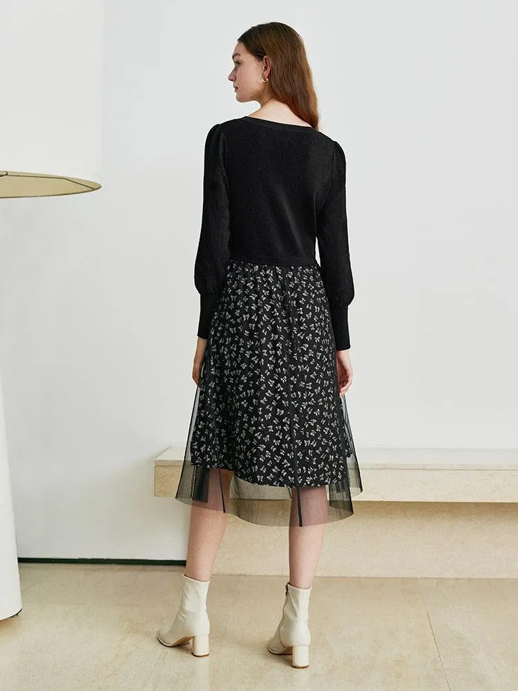 Black Bowknot Mesh Patchwork Double-Layer Dress