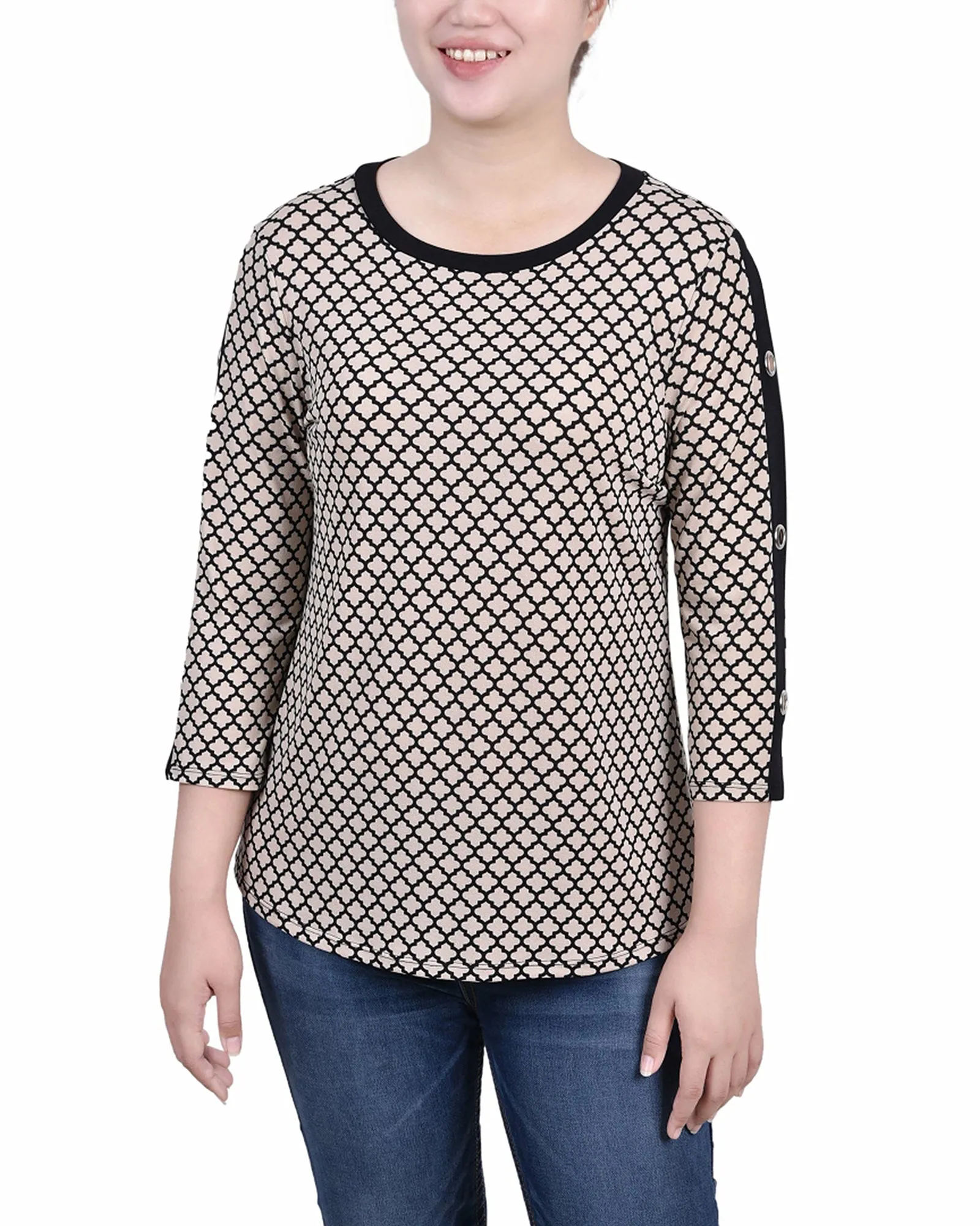 Petite 3/4 Sleeve Top With Combo Bands and Grommets